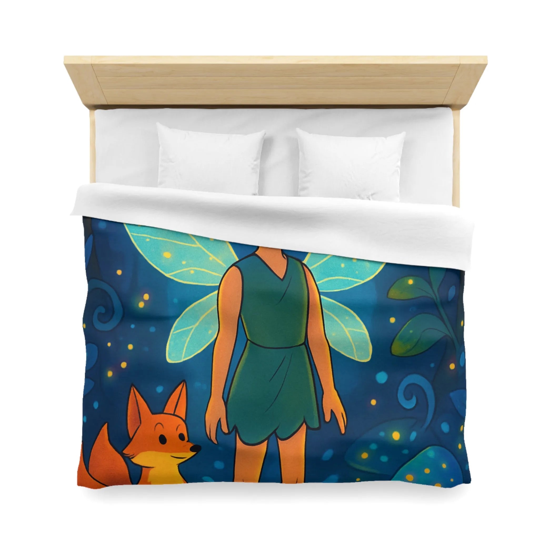 Housse de Couette Féerique avec Fée Ailée et Renard dans Forêt Enchantée Multicolore