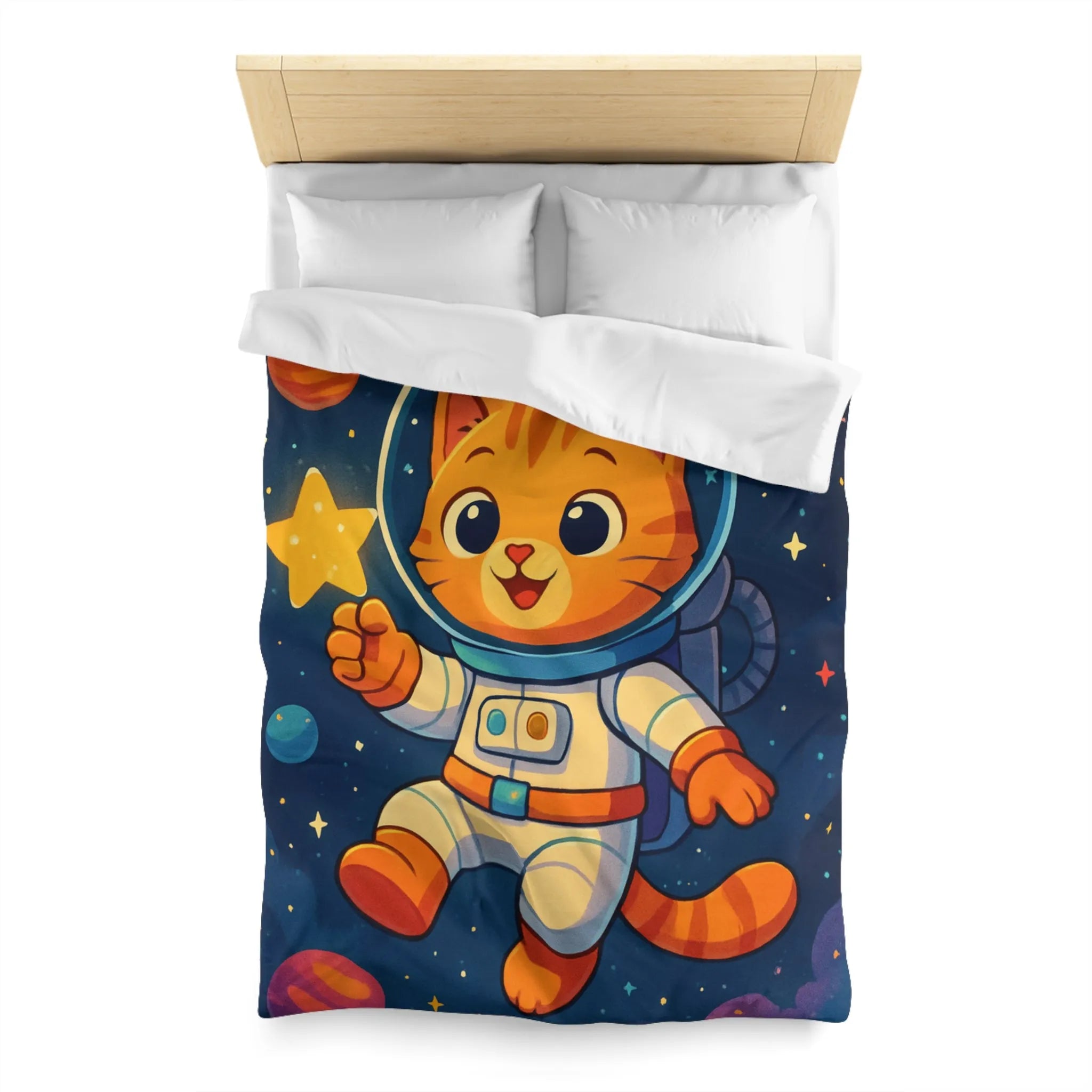 Housse de Couette avec Chat Astronaute et Étoiles dans Espace Coloré pour Enfants