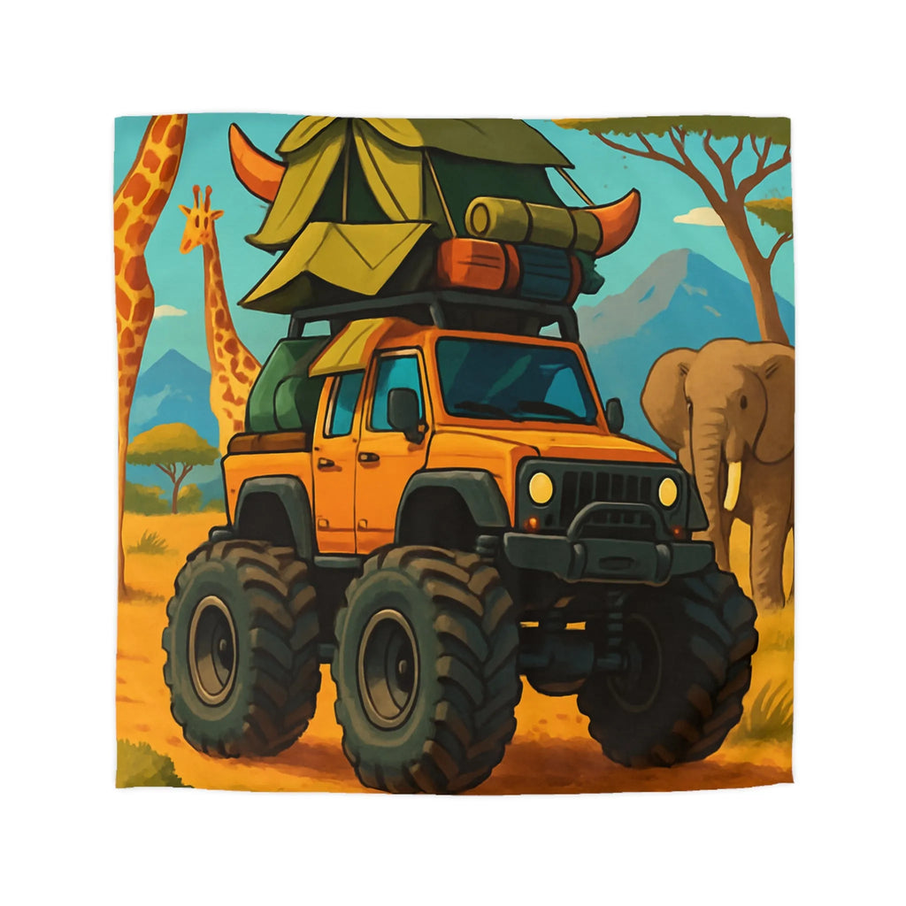 Housse de couette colorée avec véhicule tout-terrain et animaux dans la savane africaine