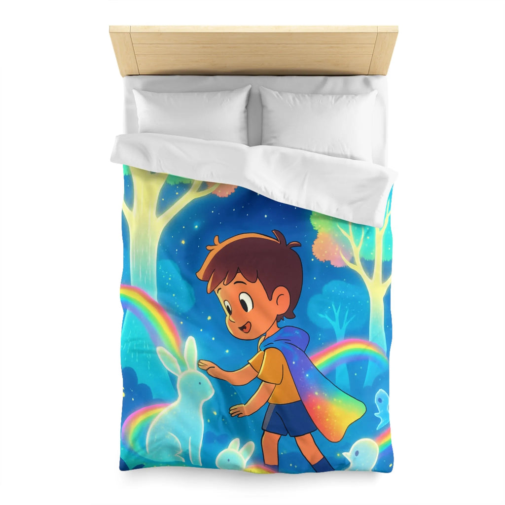 Housse de couette enfantine aux créatures lumineuses et arcs-en-ciel dans forêt enchantée