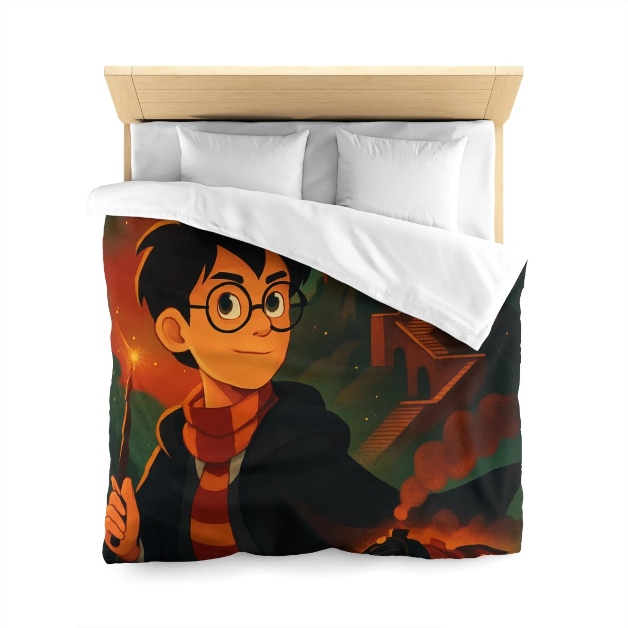 Housse de couette magique avec jeune sorcier, hibou, château et train en fond