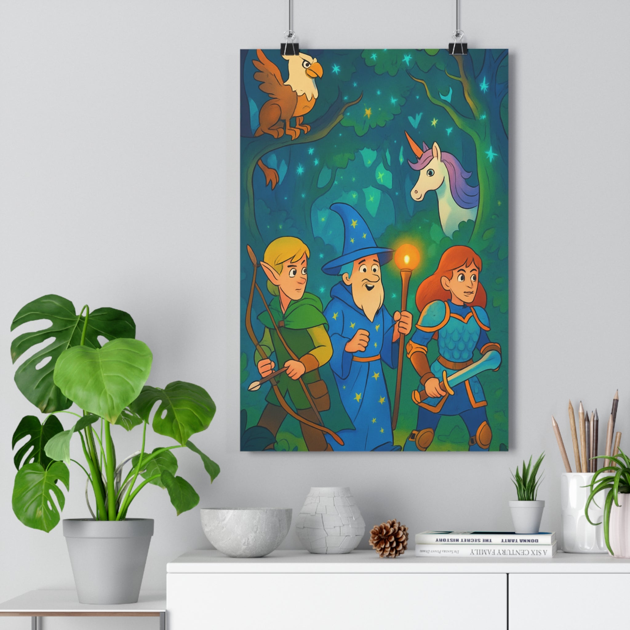 Poster décoratif magique bleu vert féerique forêt fantastique chambre enfant aventure créatures enchantées lumineux