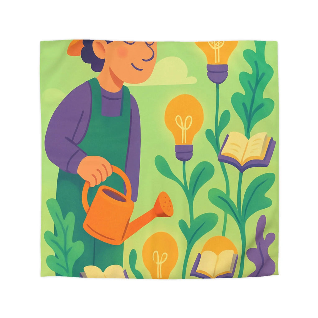 Housse de couette colorée avec jardinier arrosant plantes livres et ampoules