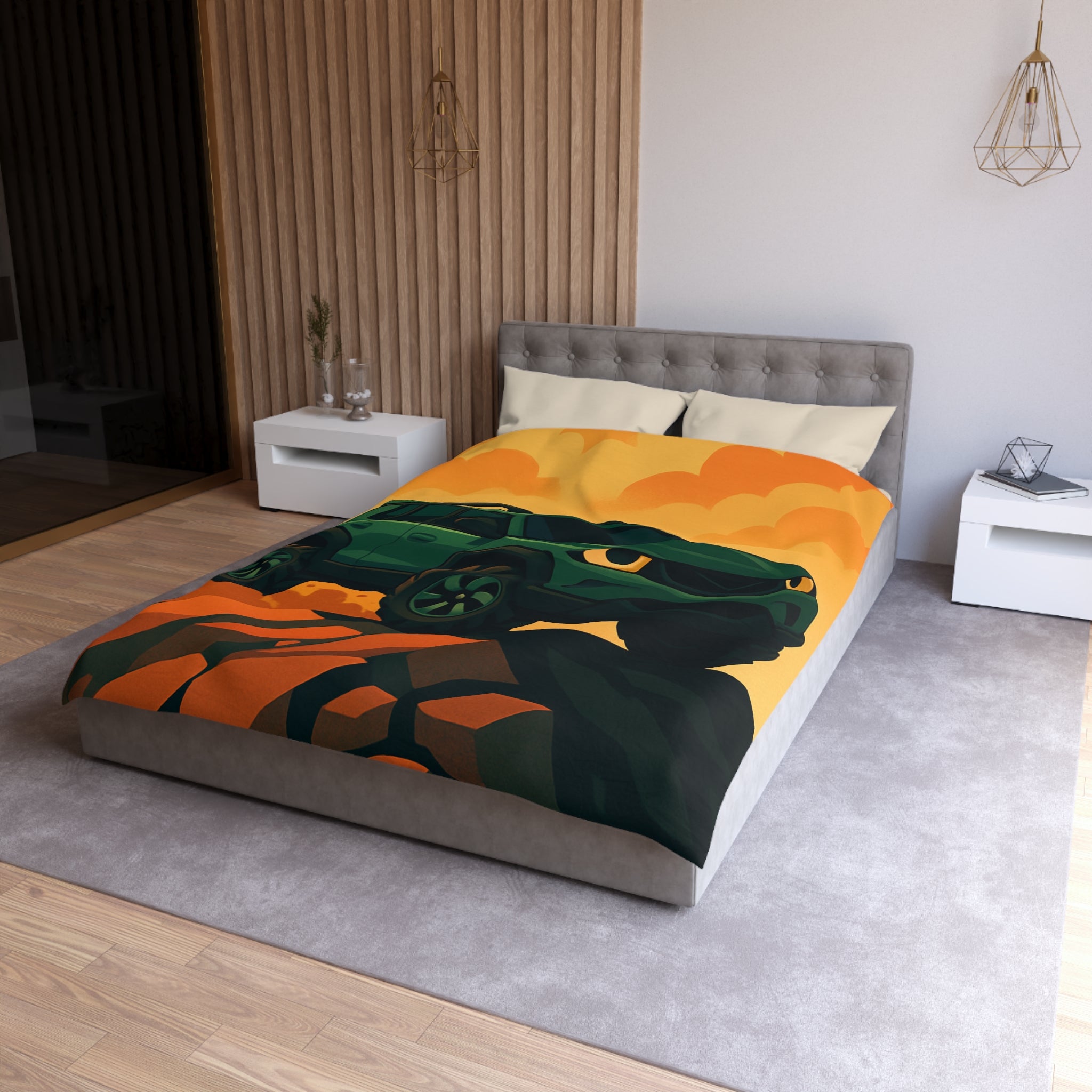 Housse de couette SUV vert, illustrée, ambiance aventure, nuages orange, montagne rocailleuse