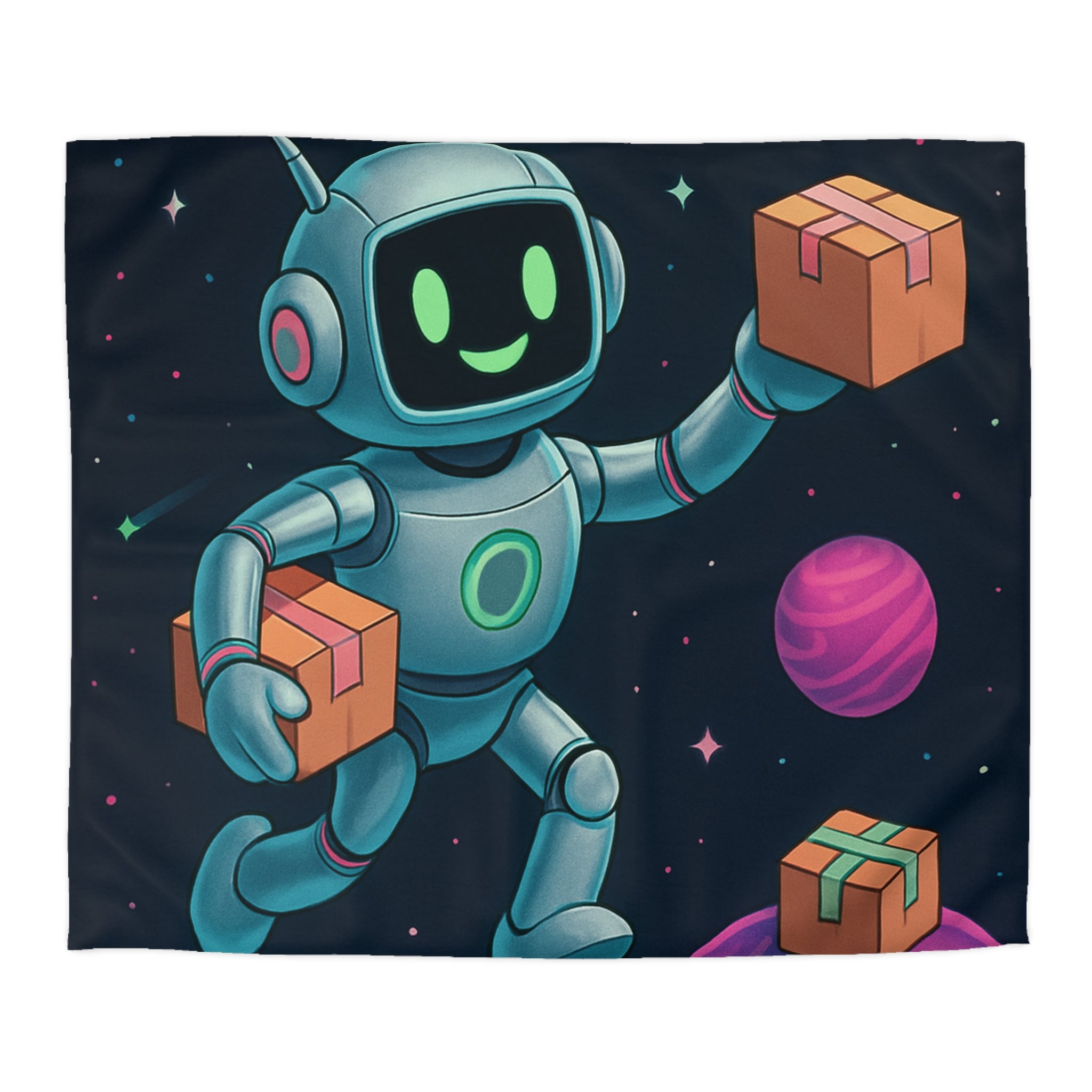 Housse de Couette Spatiale avec Robot Jovial et Planètes Colorées pour Enfants