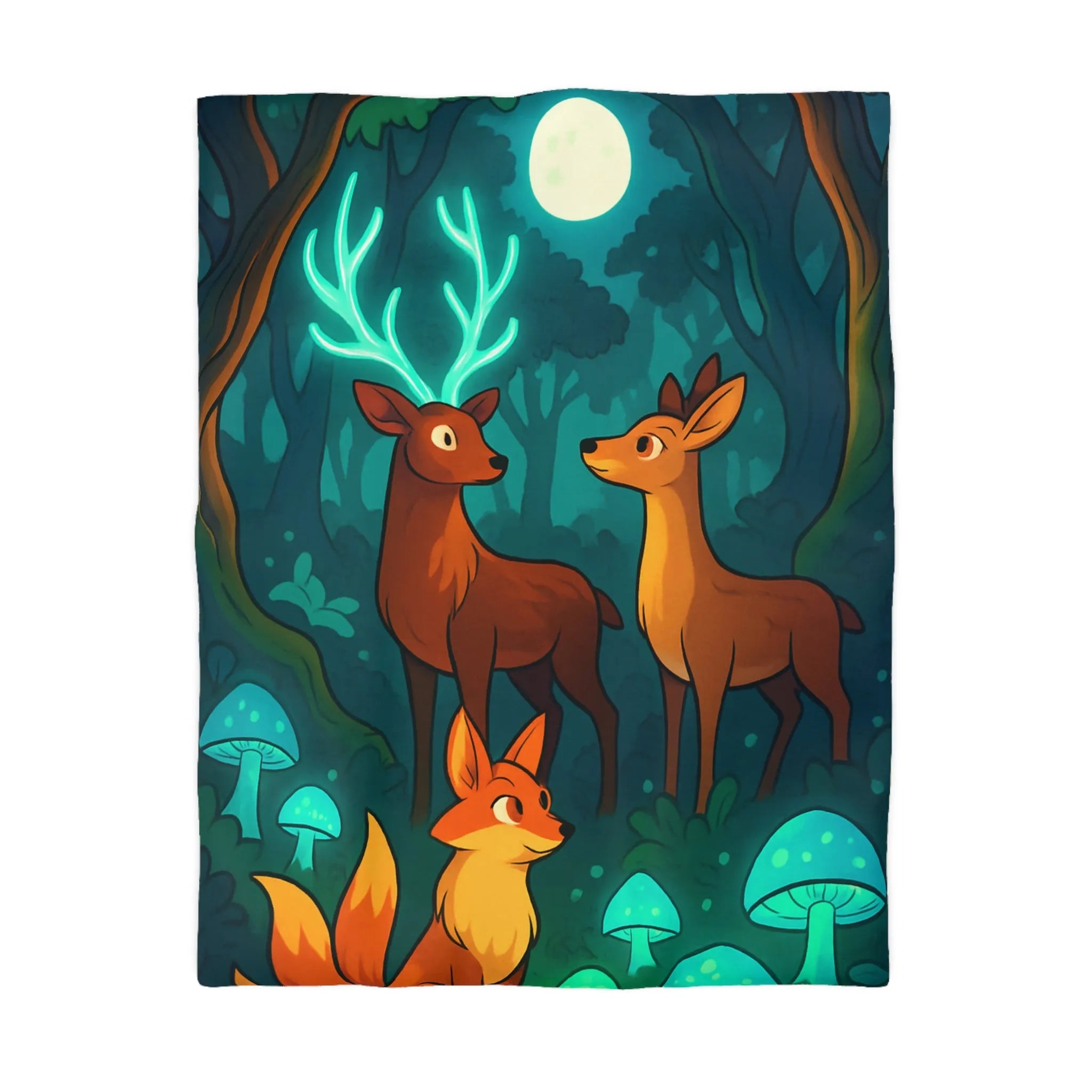 Housse de couette avec animaux de forêt et champignons sous lumière lunaire magique