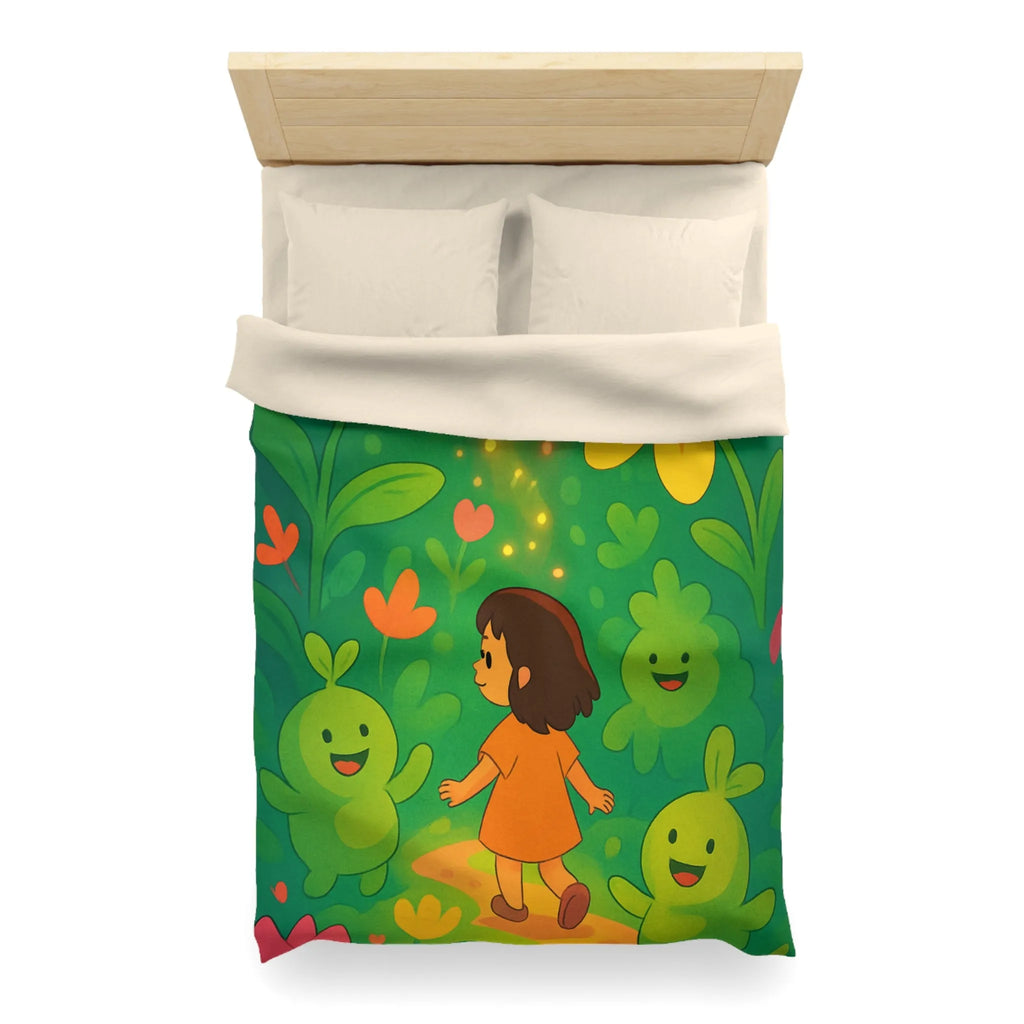 Housse de couette enfant avec fleurs colorées et créatures joyeuses dans forêt magique