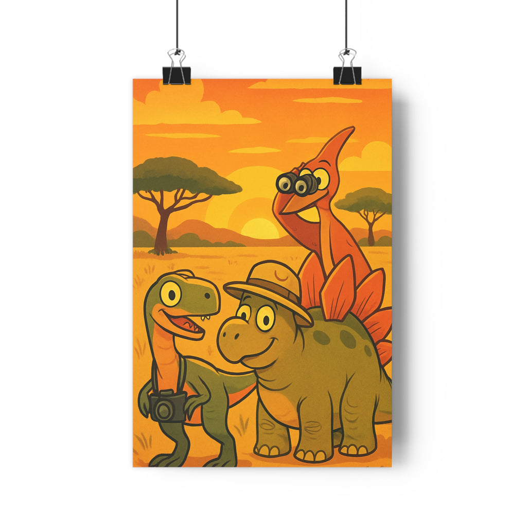 Poster décoratif cartoon orange jaune aventure enfant chambre dinosaure savane joyeux amusant style moderne