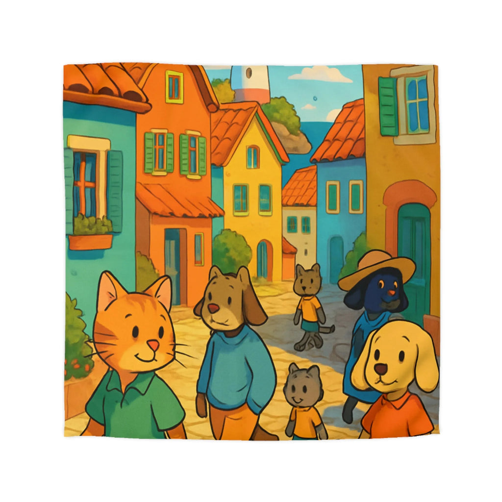 Housse de Couette Colorée avec Animaux Anthropomorphes et Lighthouse sur Rue ensoleillée