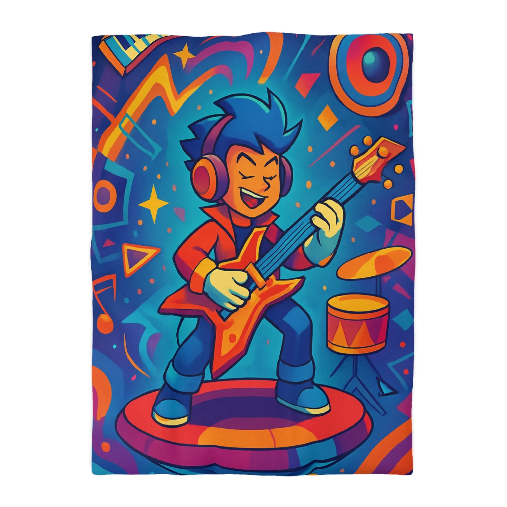 Housse de couette colorée avec guitare et motifs musicaux pour chambre d'enfant joyeuse