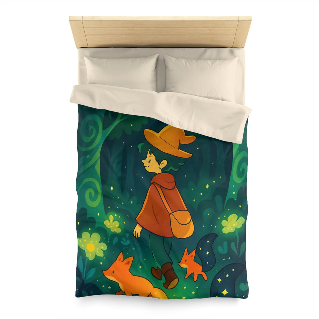 Housse de couette enchantée forêt nocturne avec renards et aventurier chapeau orange