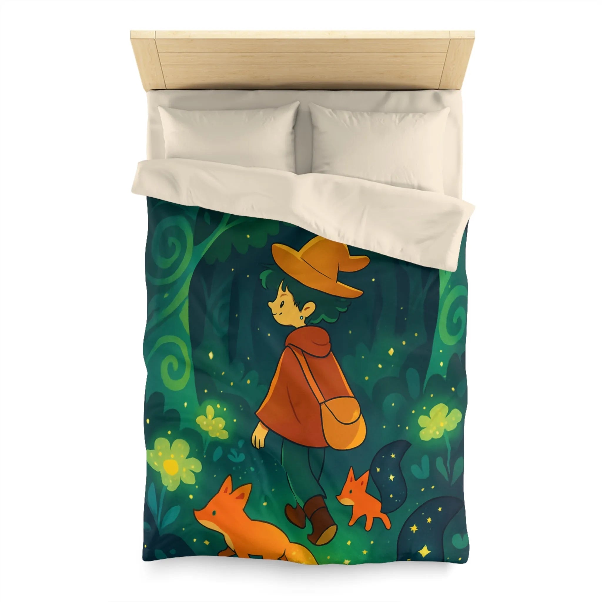 Housse de Couette Forêt Enchantée Enfants Renards Orange Jaune Vert Fantaisie Nuit