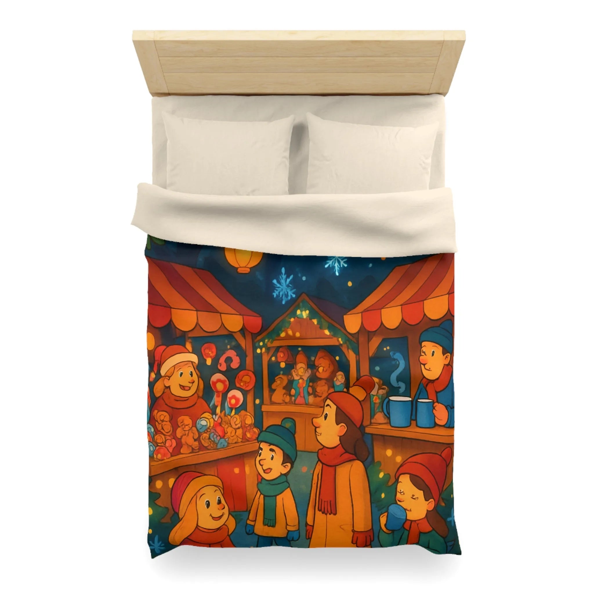 Housse de Couette Enfantine avec Scène Festive de Marché de Noël Illuminé et Joyeux