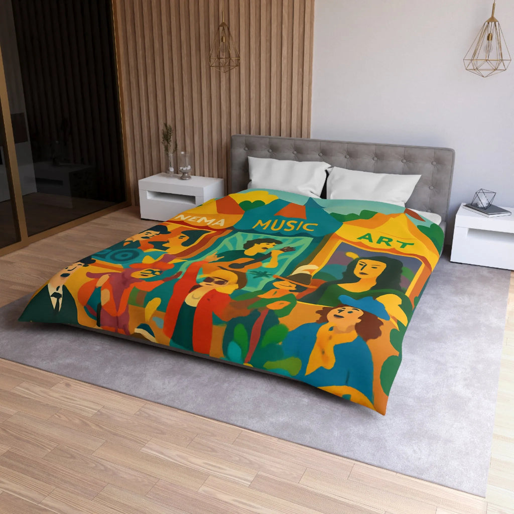 Housse de couette colorée avec motifs cinéma, musique et art, ambiance festive bohème