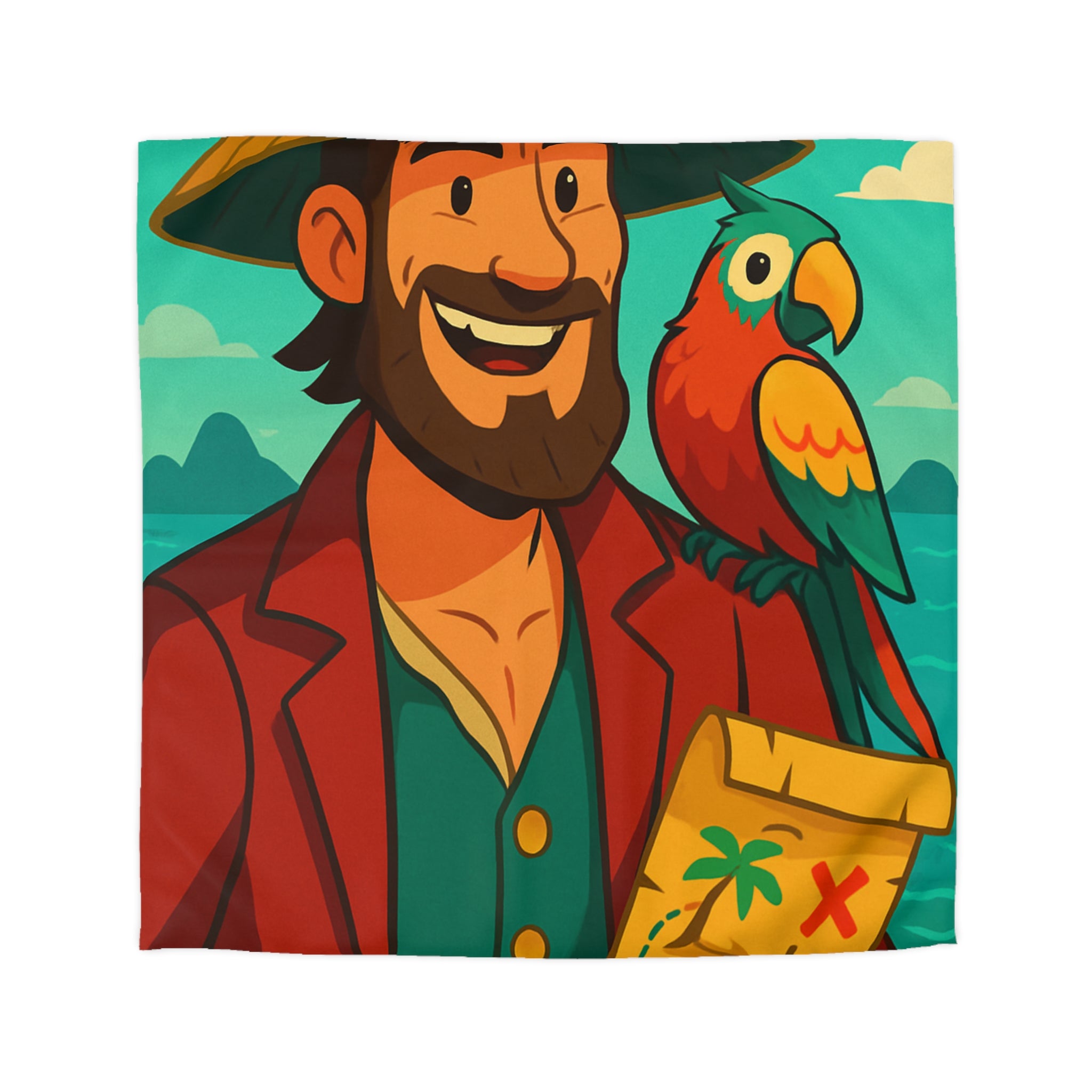 Housse de couette pirate aventurier avec perroquet coloré et carte au trésor illustrée