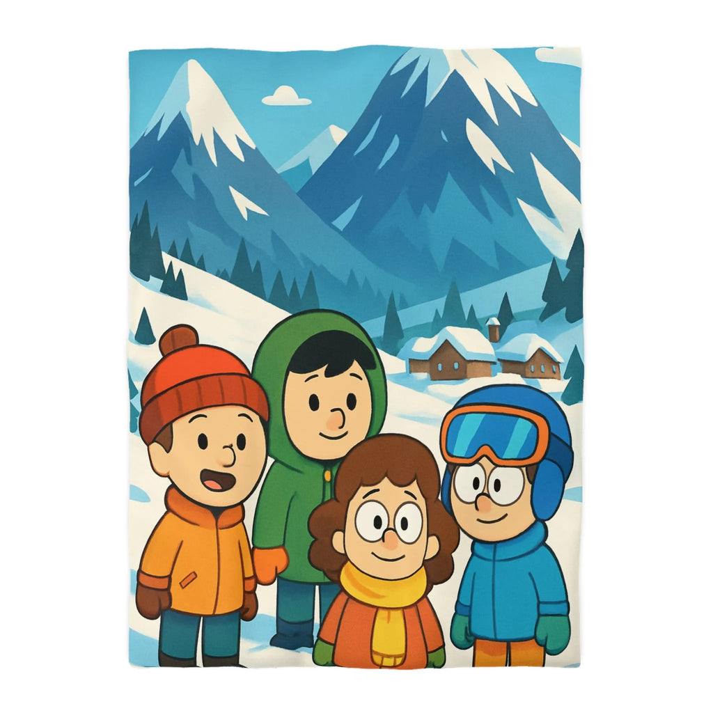 Housse de couette avec enfants joyeux et montagnes enneigées pour chambre d'enfant