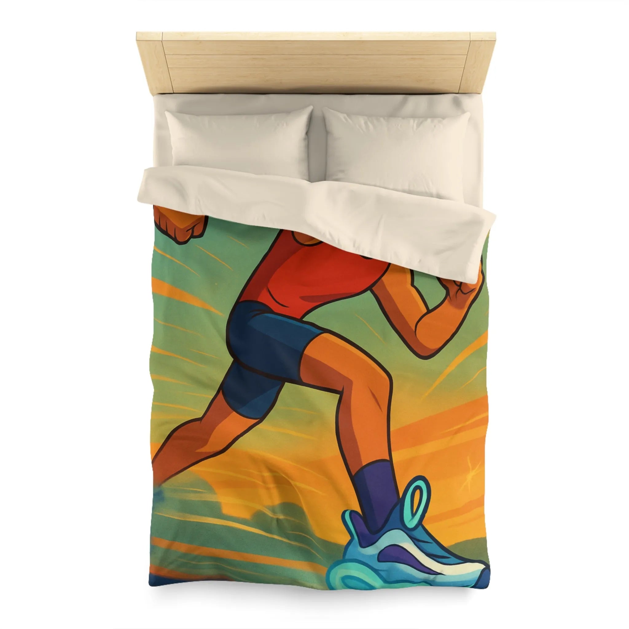 Housse de couette dynamique coureur stylisé accélérant sur fond d’énergie vibrante