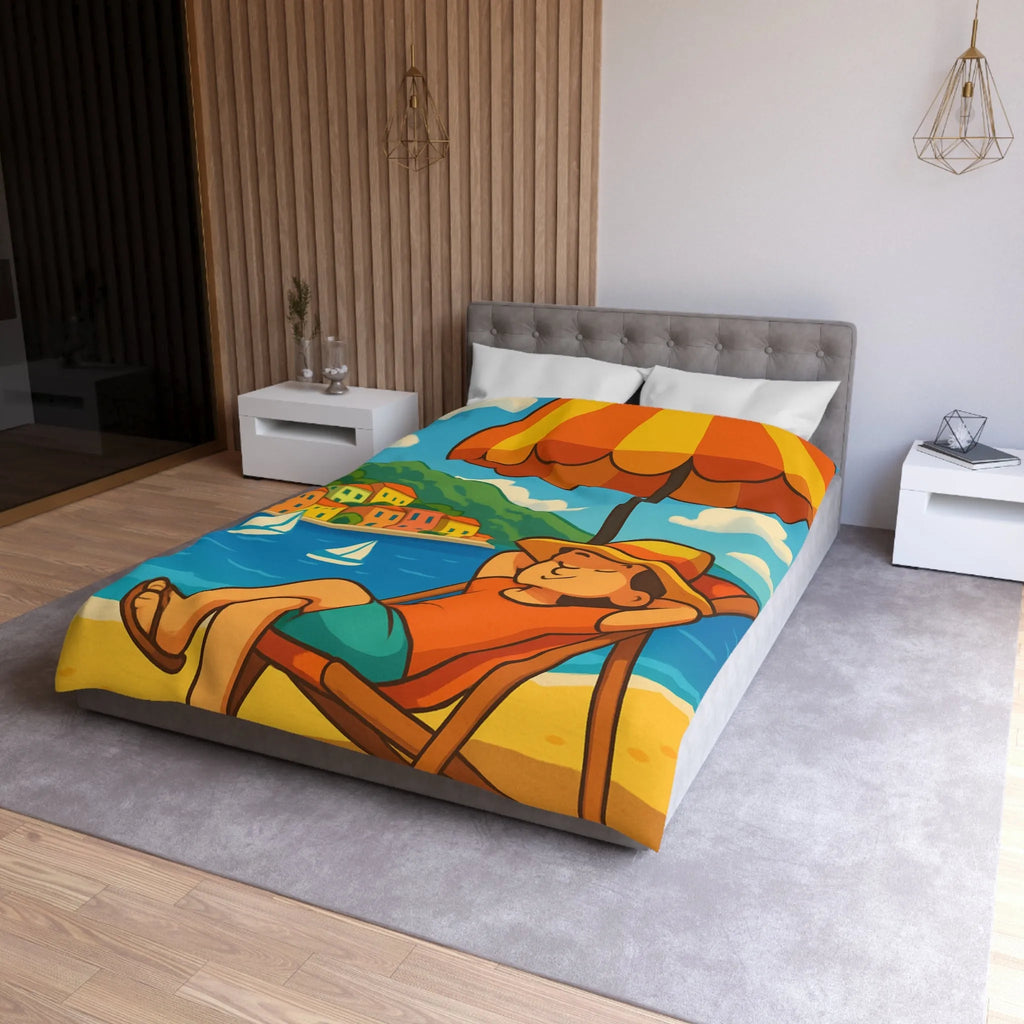 Housse de Couette Colorée Plage avec Parasol, Mer et Voiliers Décontractés Illustration