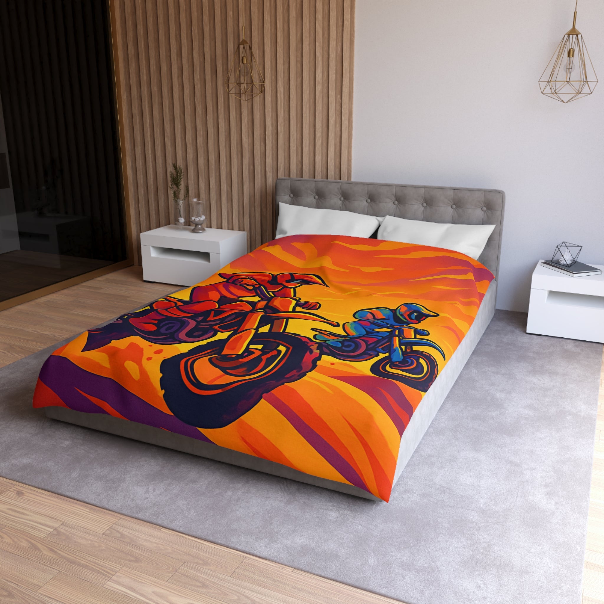 Housse de couette moto aventure: dynamique, couleurs vives, coucher de soleil dramatique