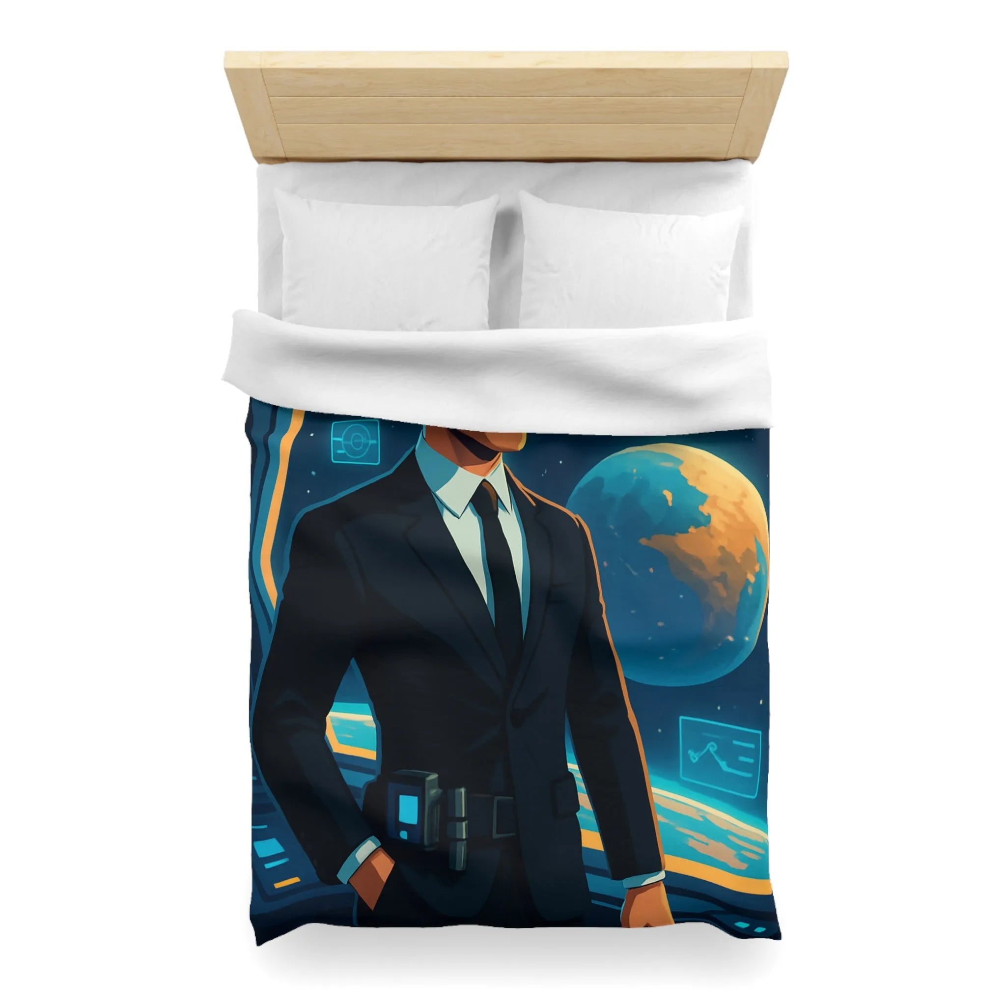 Housse de couette futuriste avec agent spatial et paysages cosmiques numériques immersifs
