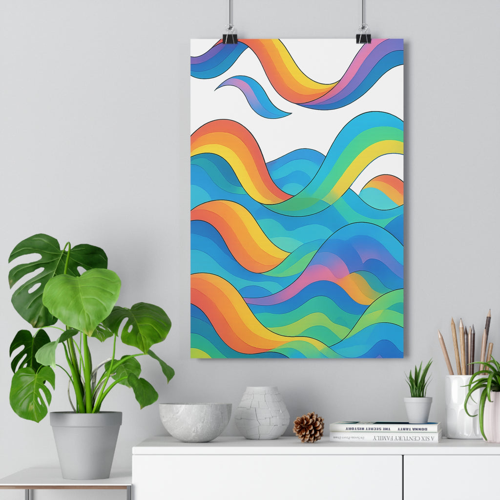 Poster décoratif coloré cartoon dynamique bleu jaune orange vert vague salon vibrant animé qualité