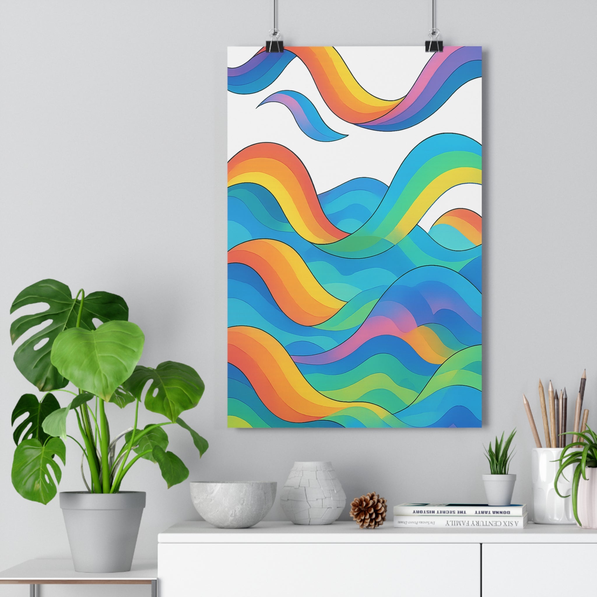 Poster décoratif coloré cartoon dynamique bleu jaune orange vert vague salon vibrant animé qualité