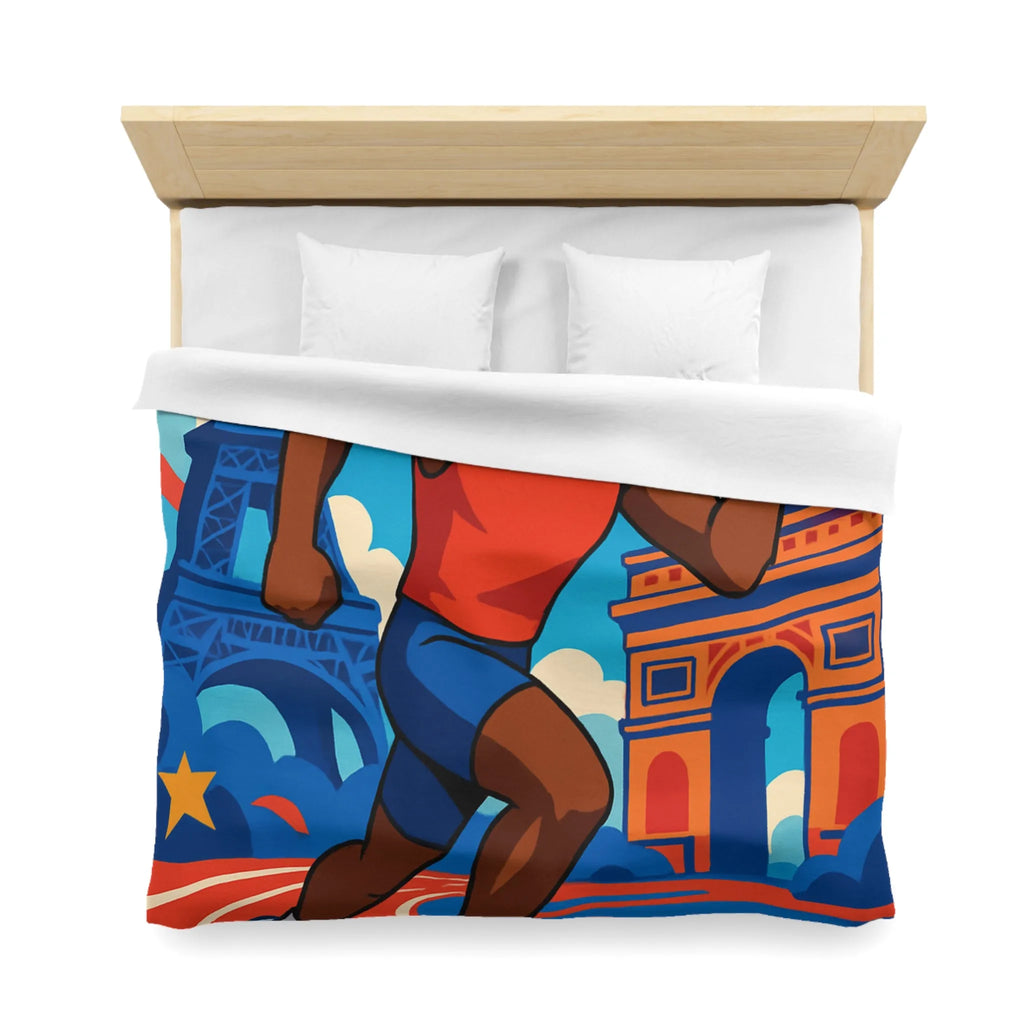 Couverture de lit sportive avec athlète vibrant et monuments emblématiques pour chambre dynamique