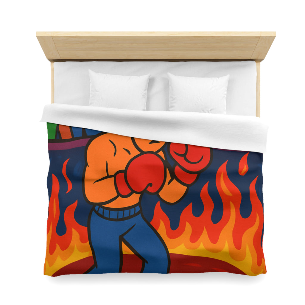 Housse de couette originale avec boxeur entouré de flammes et foule colorée