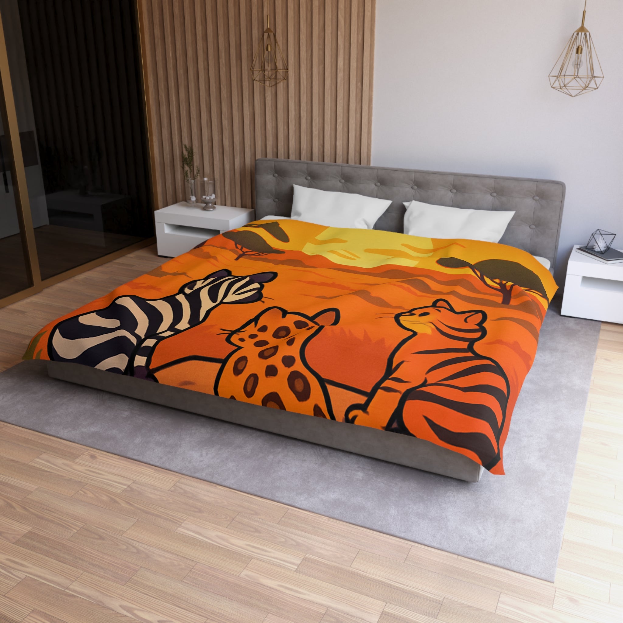 Housse de Couette avec Chats Sauvages Observant le Coucher de Soleil en Savane Africaine