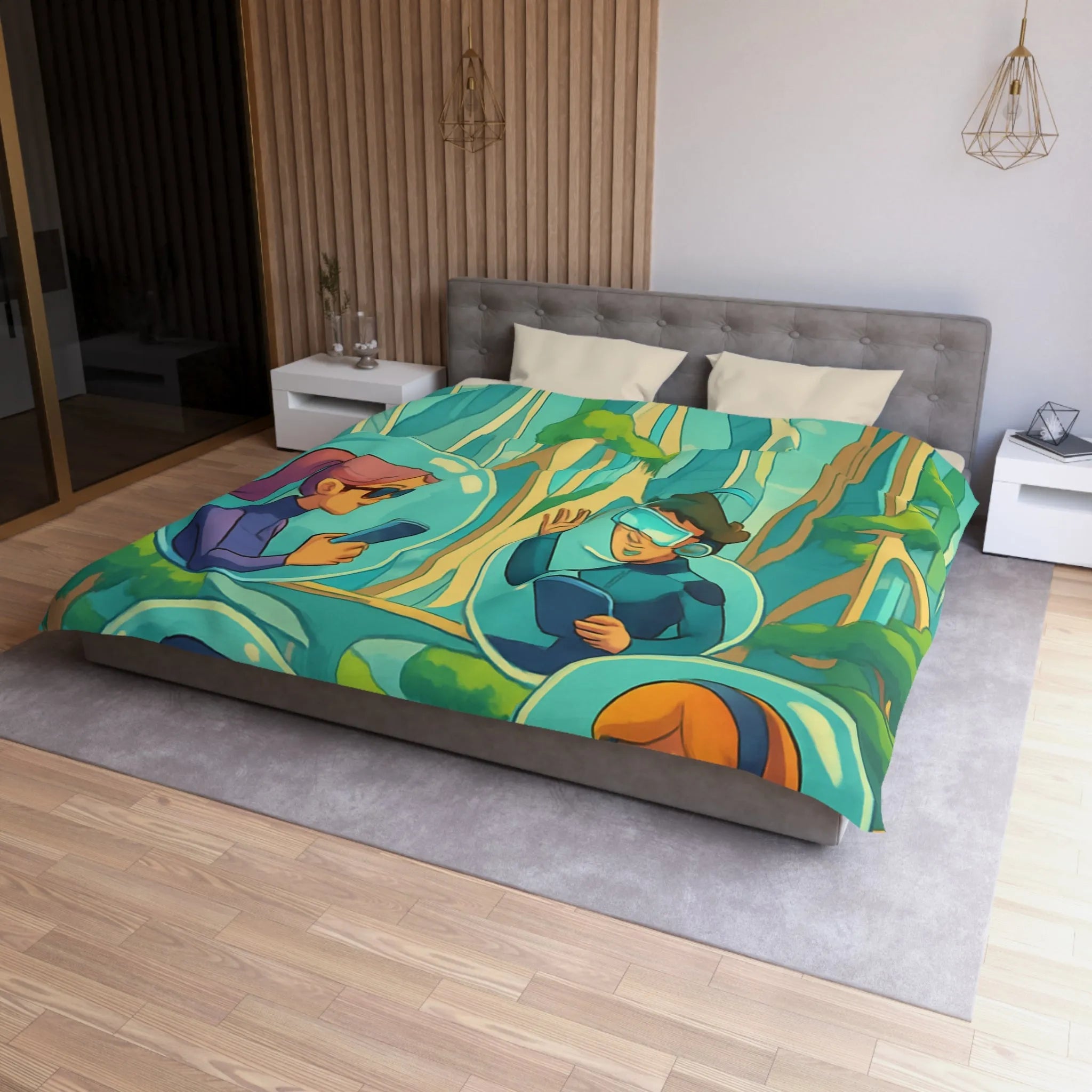 Housse de couette futuriste avec paysage urbain et personnages connectés en réalité augmentée