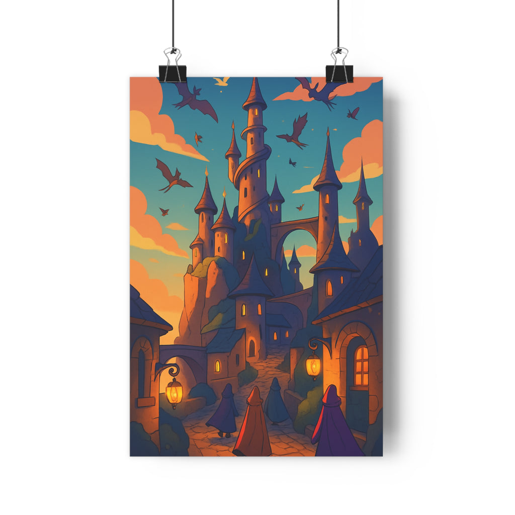 Poster décoratif mystique cité enchantée couleurs chaudes ambiance magique salon chambre aventure créatif unique