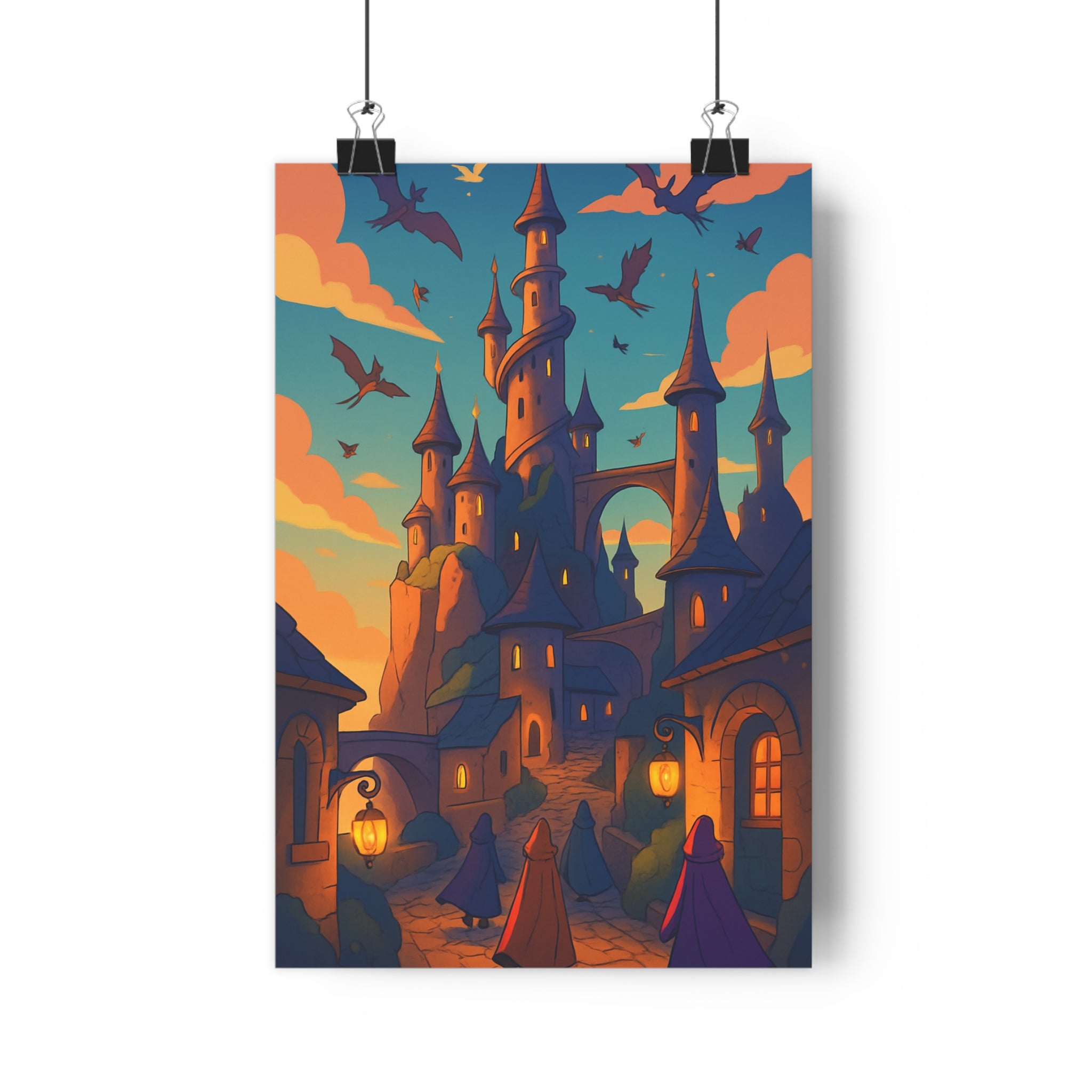Poster décoratif mystique cité enchantée couleurs chaudes ambiance magique salon chambre aventure créatif unique