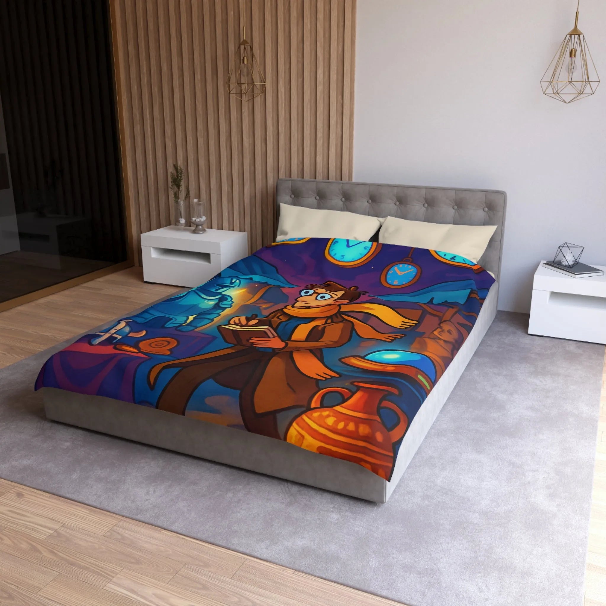 Housse de couette avec motif de marché nocturne mystérieux et horloges suspendues