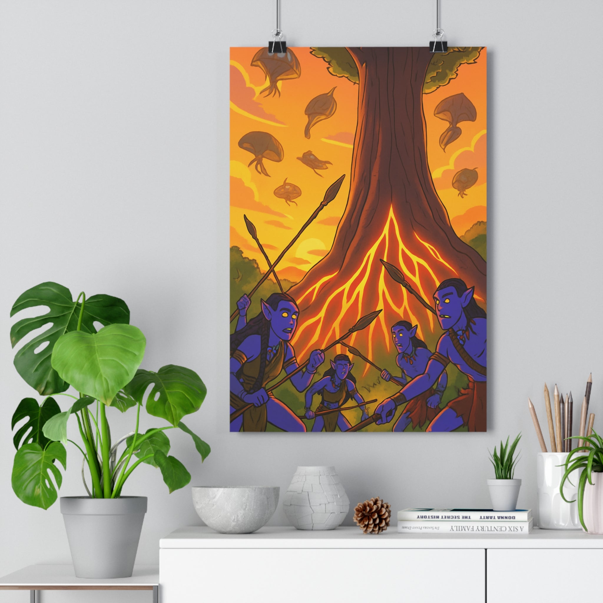 Poster décoratif cartoon bleu orange vibrant arbre créatures aventure chambre salon dynamique 30x46 cm