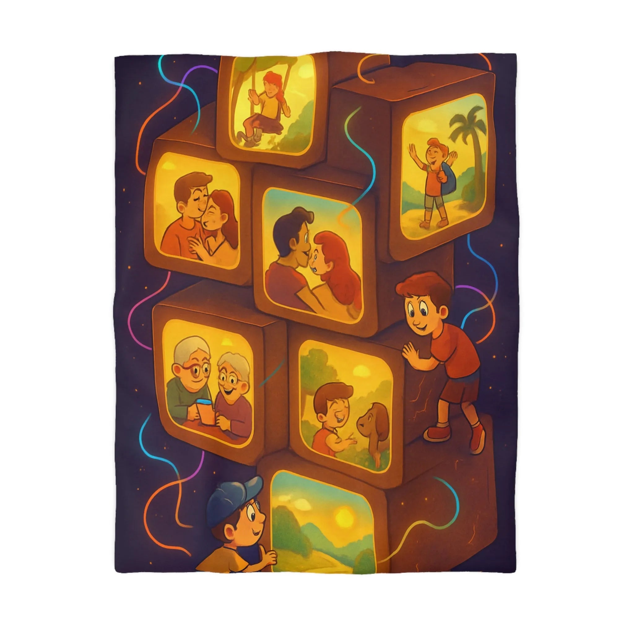 Housse de Couette Illustrée avec Scènes de Famille et Couleurs Chaudes, Ambiance Rétro