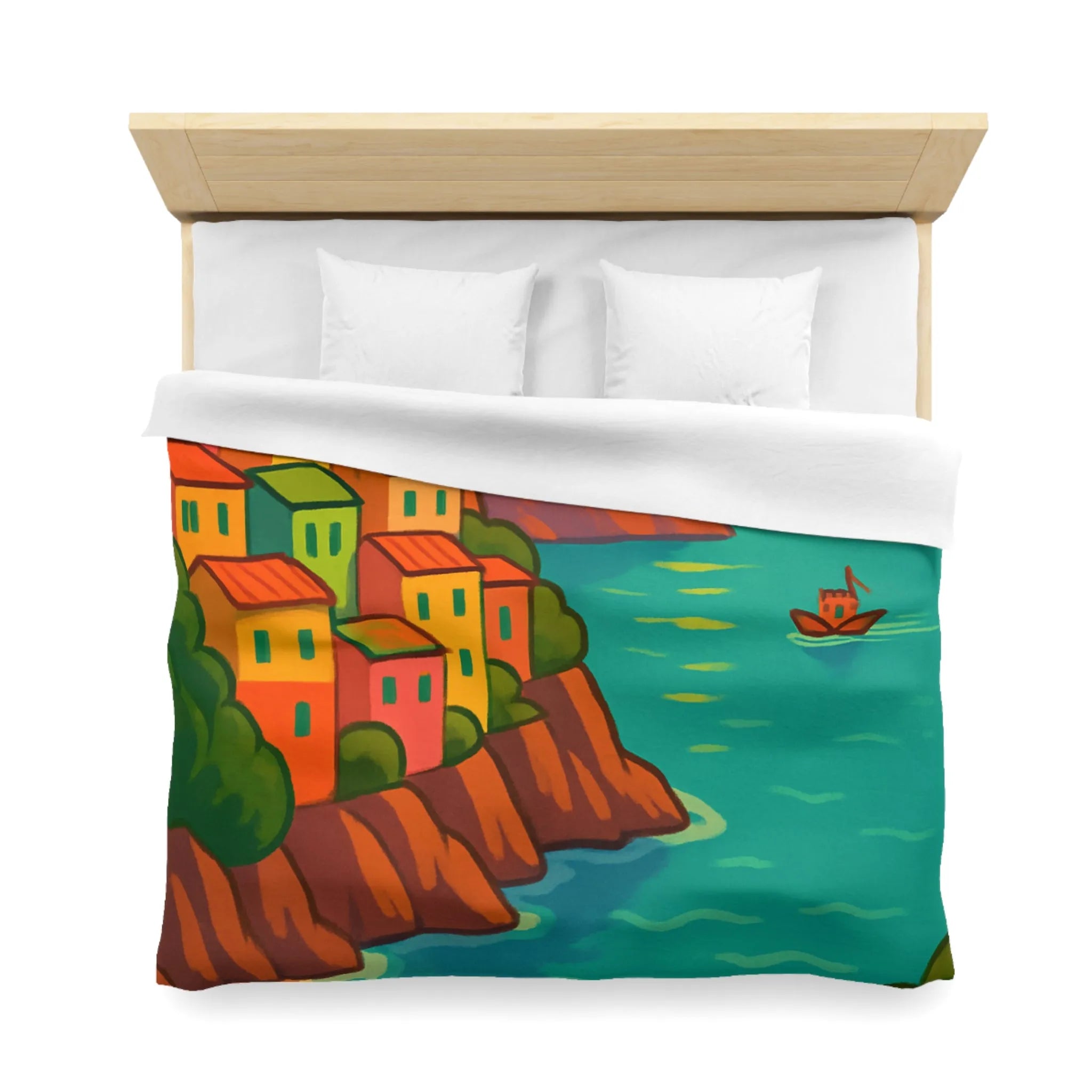 Housse de couette avec paysage côtier éclatant sous coucher de soleil vibrant et artistique