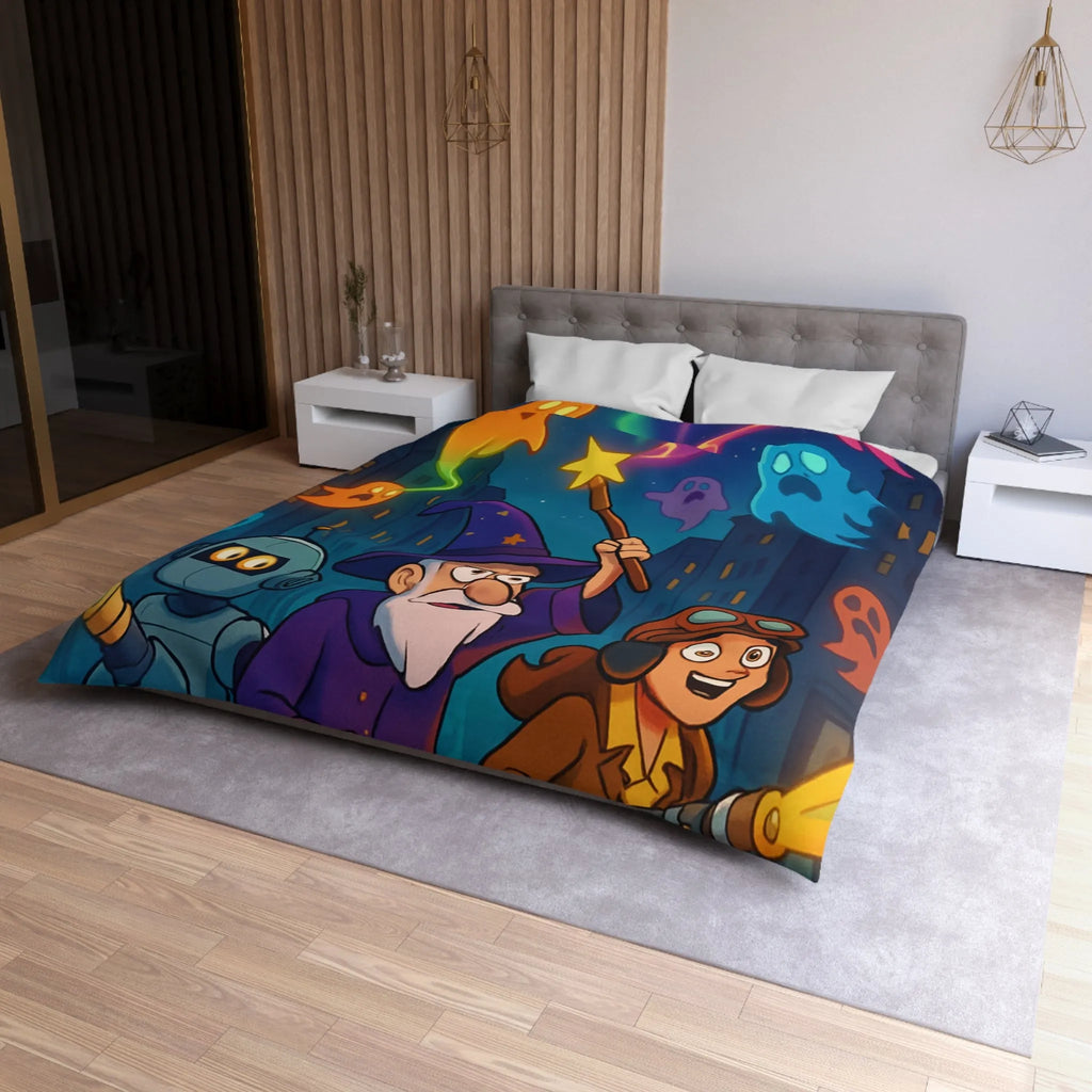 Housse de couette magique avec fantômes colorés, sorcier et robot aventureux en ville nocturne