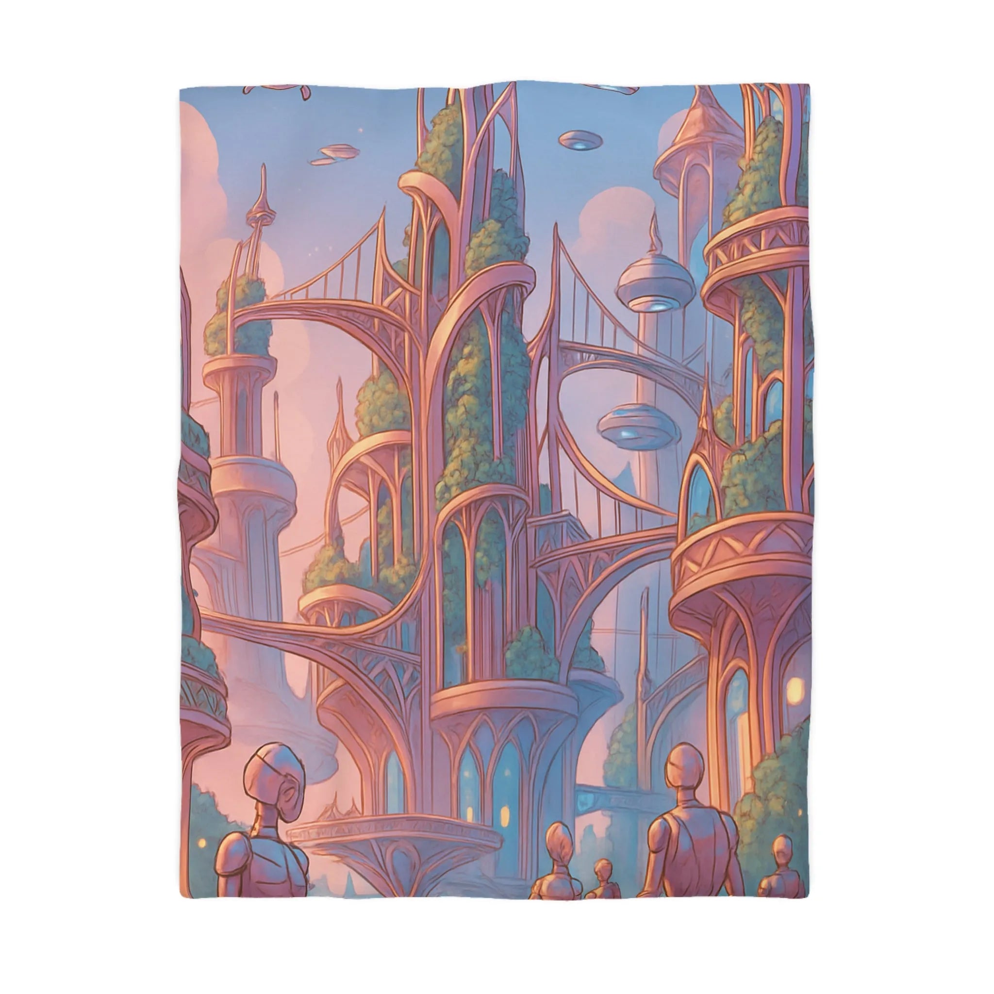 Housse de couette futuriste avec architecture élégante et robots dans tons pastel