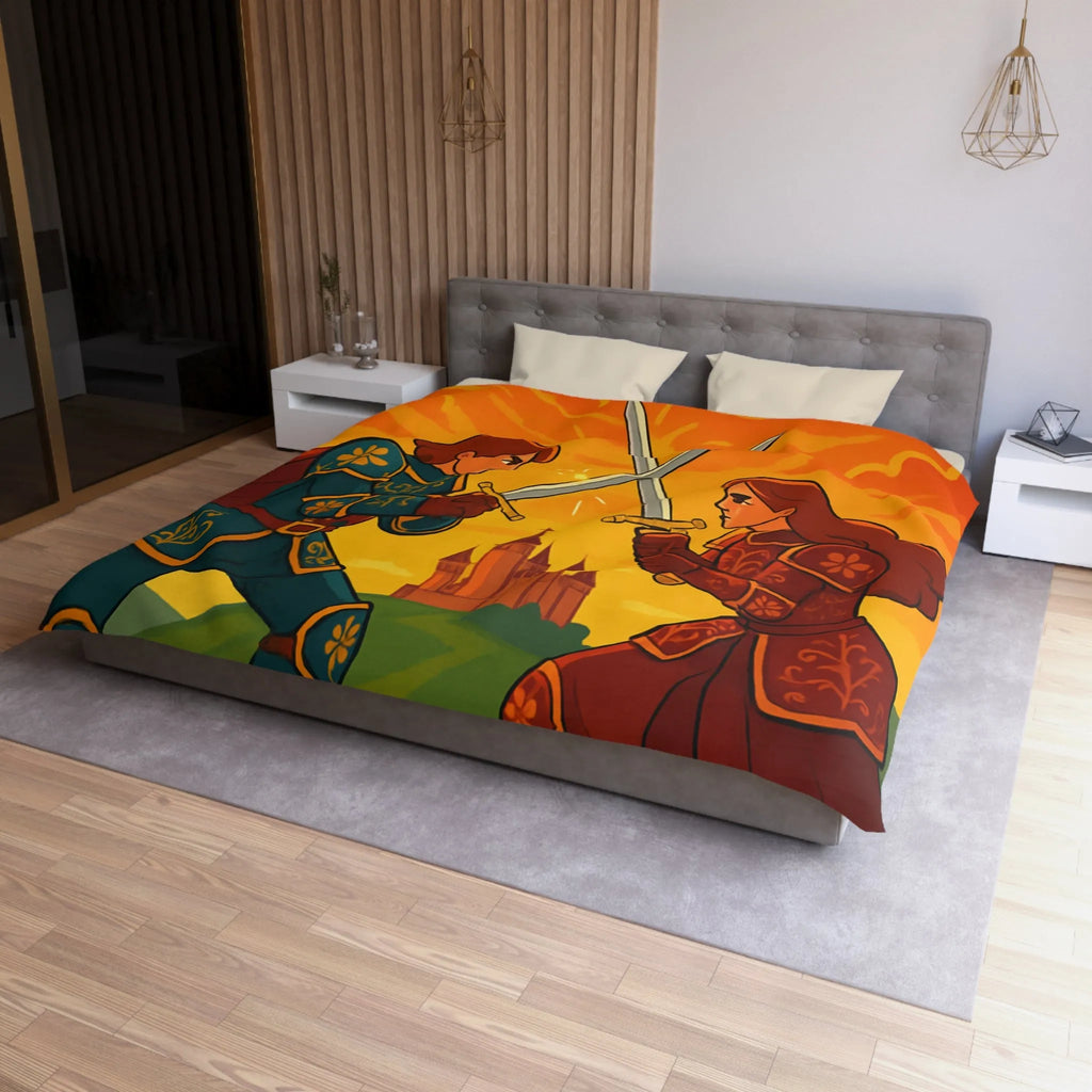 Épique housse de couette avec chevaliers médiévaux, châteaux et ciel flamboyant