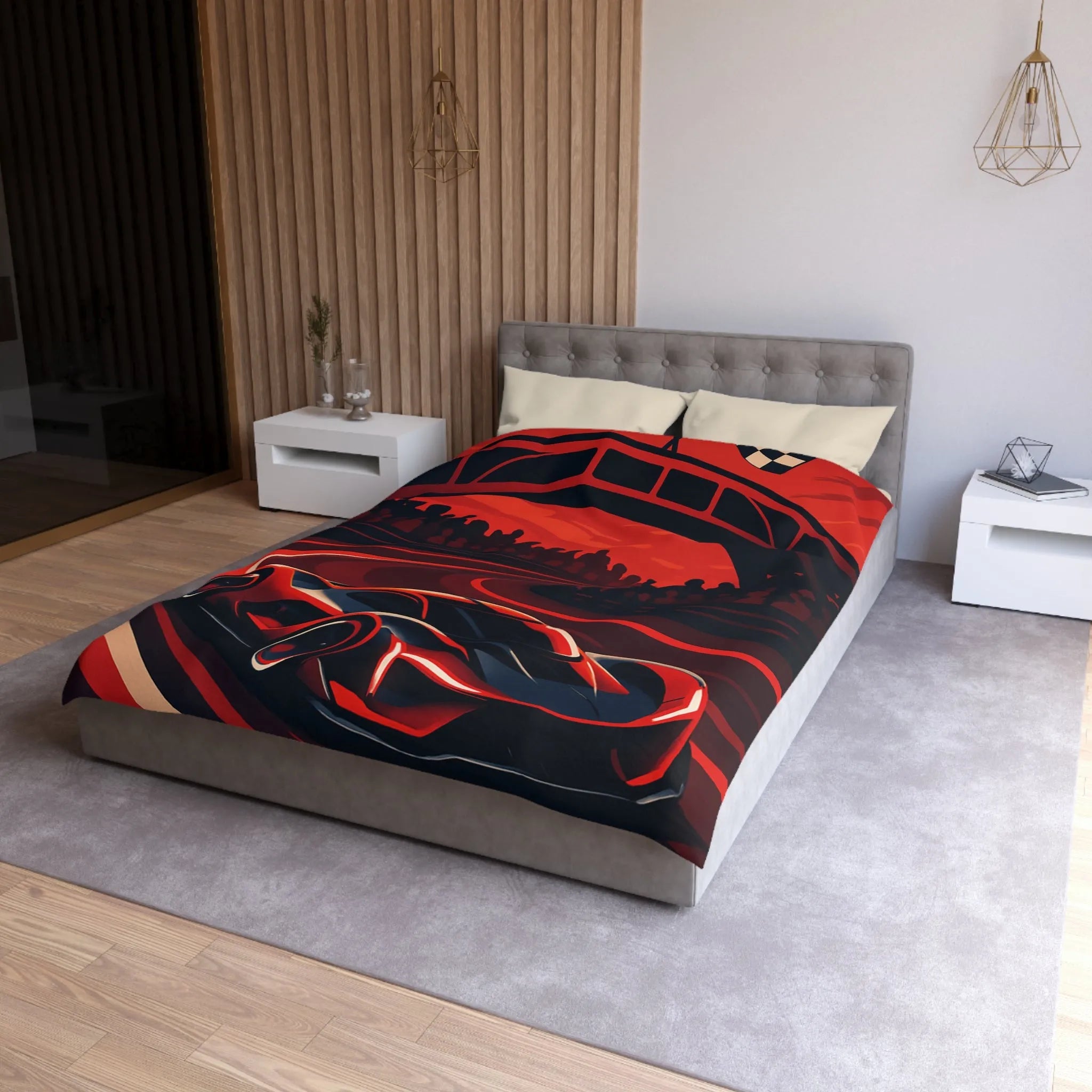 Housse de couette avec design de voiture de course rouge moderne sur circuit sinueux