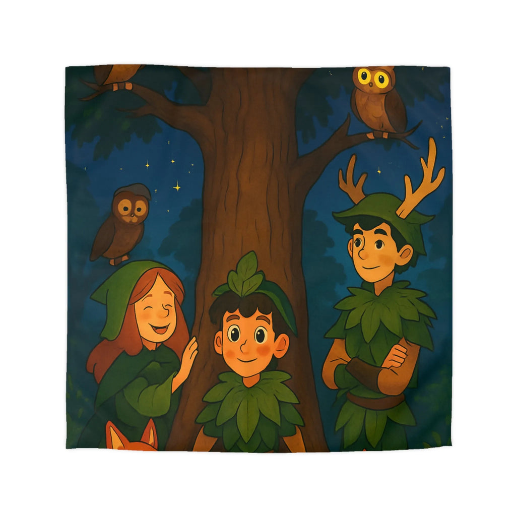 Housse de Couette Forêt Enchantée avec Animaux, Arbre et Enfants en Tenues Végétales
