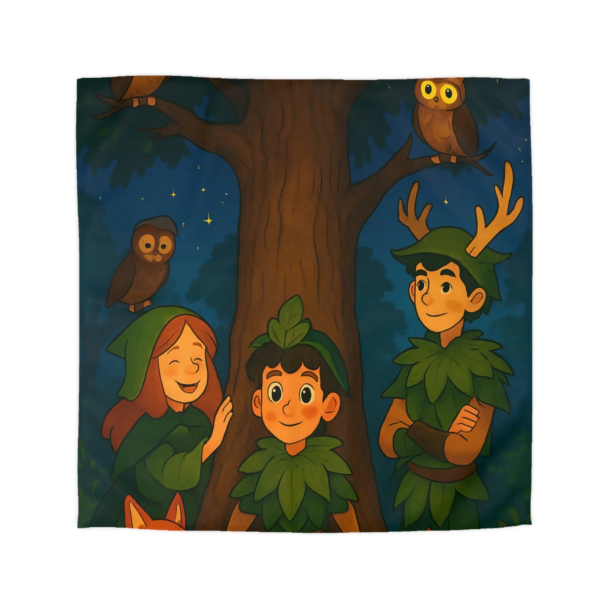 Housse de Couette Forêt Enchantée avec Animaux, Arbre et Enfants en Tenues Végétales