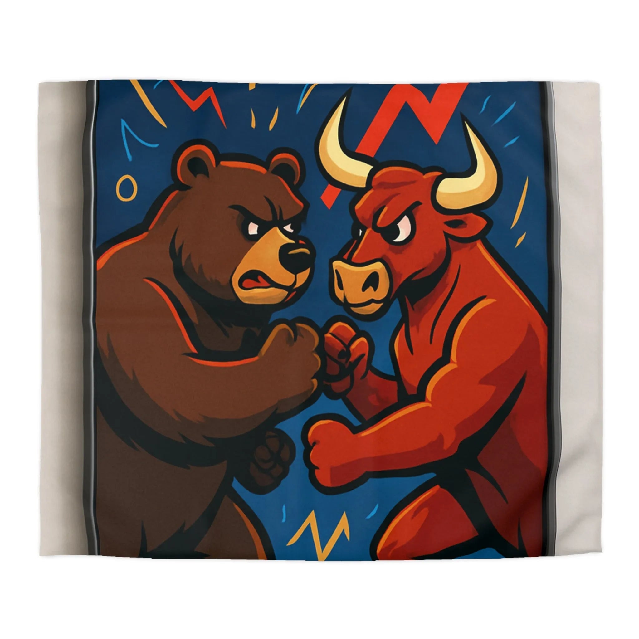 Housse de couette avec motif taureau et ours symbolisant les tendances du marché boursier