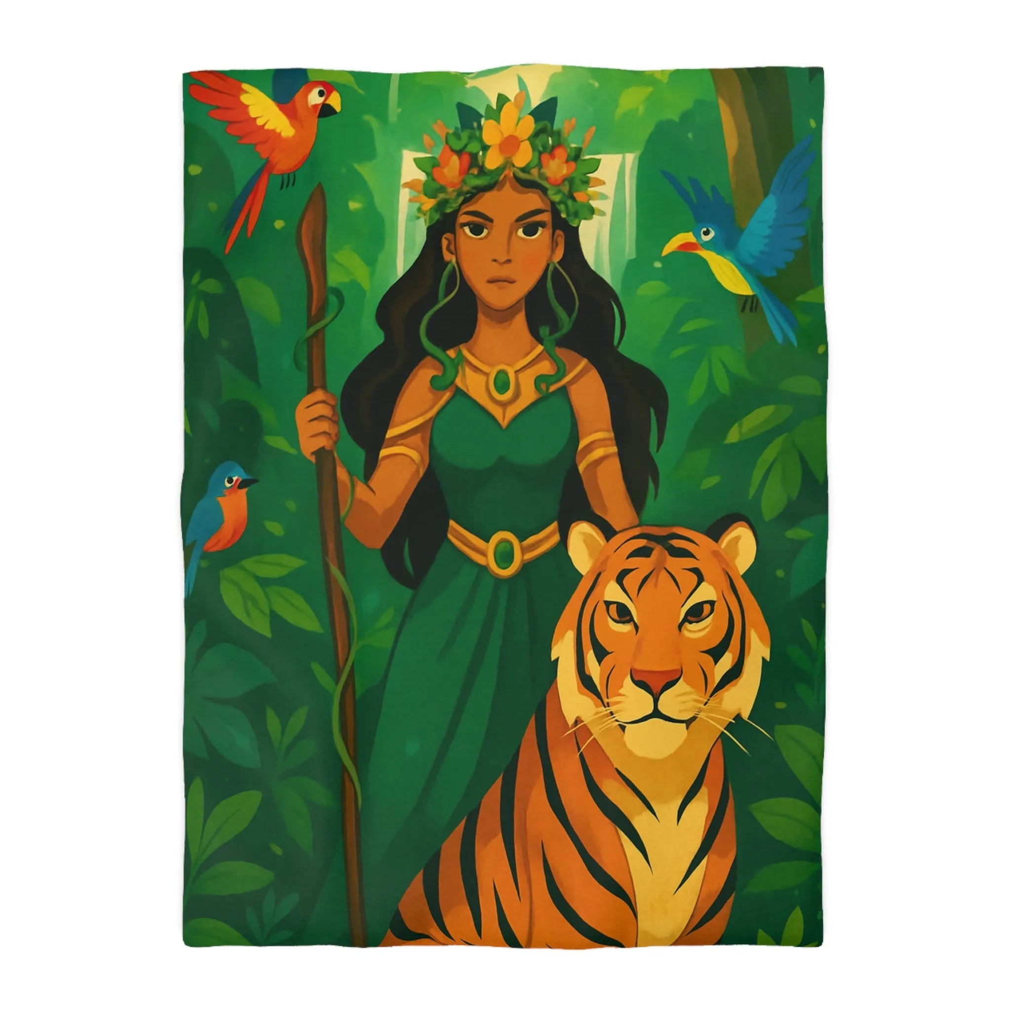 Housse de couette exotique avec tigre royal et gardienne mystique en forêt luxuriante
