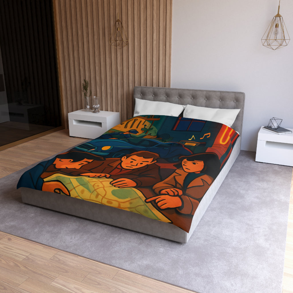 Housse de couette vintage ambiance atelier auto avec carte et personnages concentrés