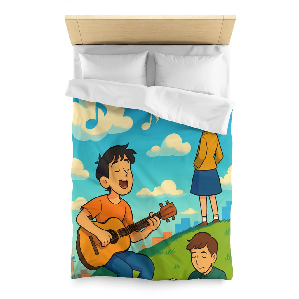 Housse de couette avec personnages chantant et lisant sur colline ensoleillée