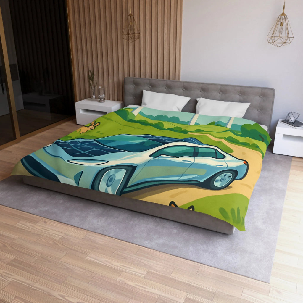 Housse de couette écologique avec voiture solaire, éoliennes et animaux dans la nature