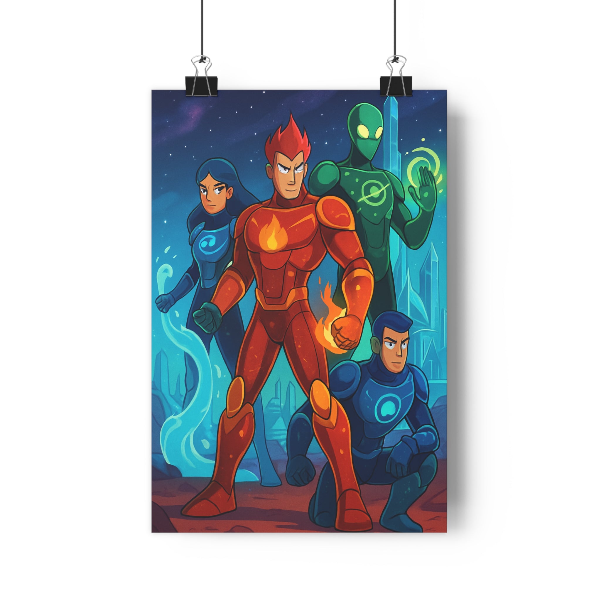 Poster décoratif cartoon rouge bleu vert aventure épique cosmique chambre enfant futuriste vibrant éclatant