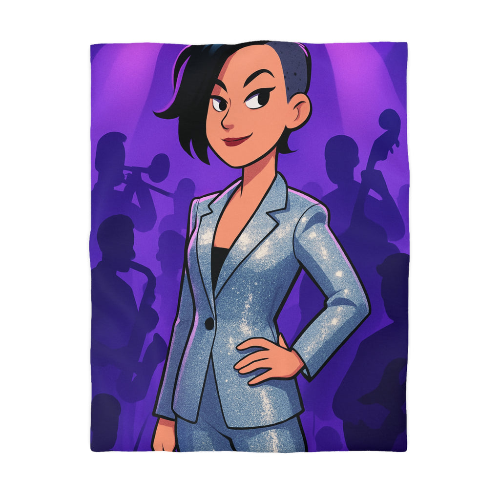 Housse de Couette Moderne avec Motif de Musicienne en Lumière Scintillante