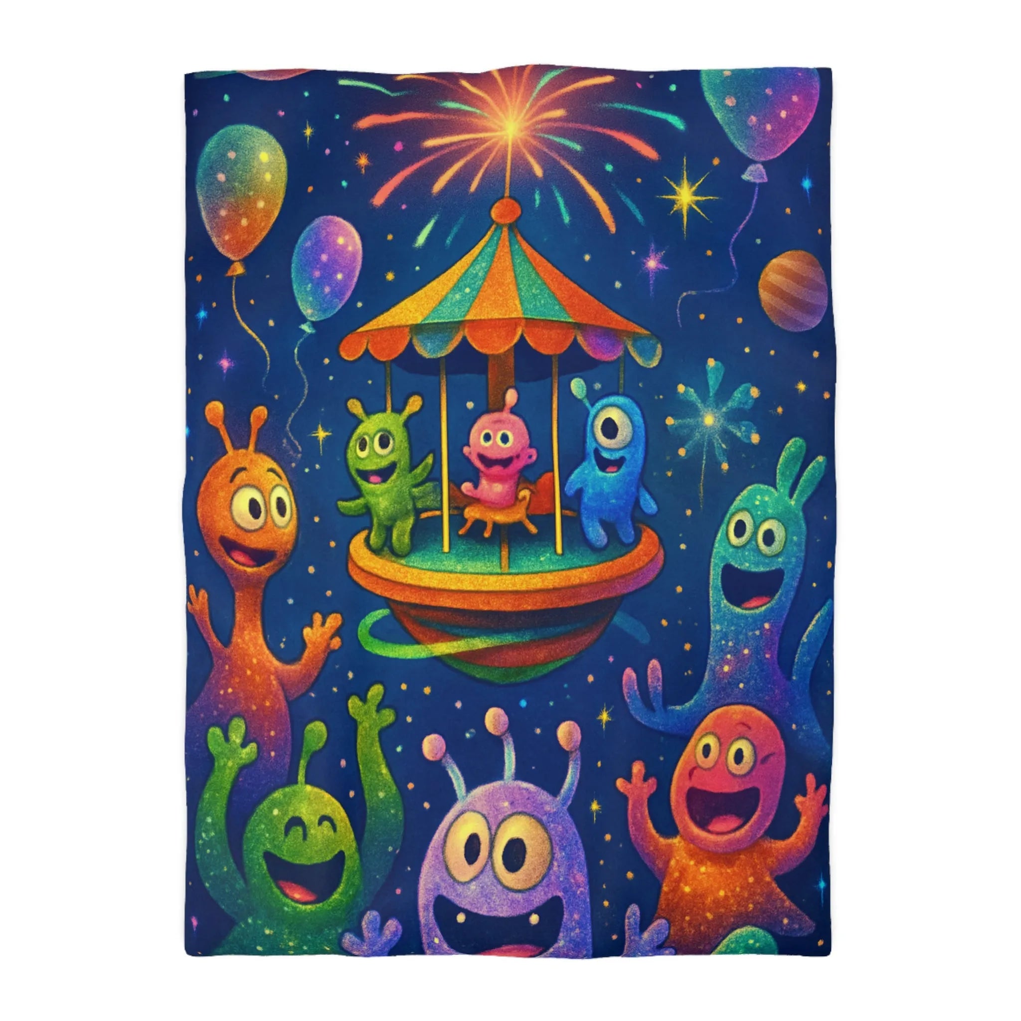 Housse de couette aux créatures extraterrestres colorées sous feux d'artifice et ballons colorés